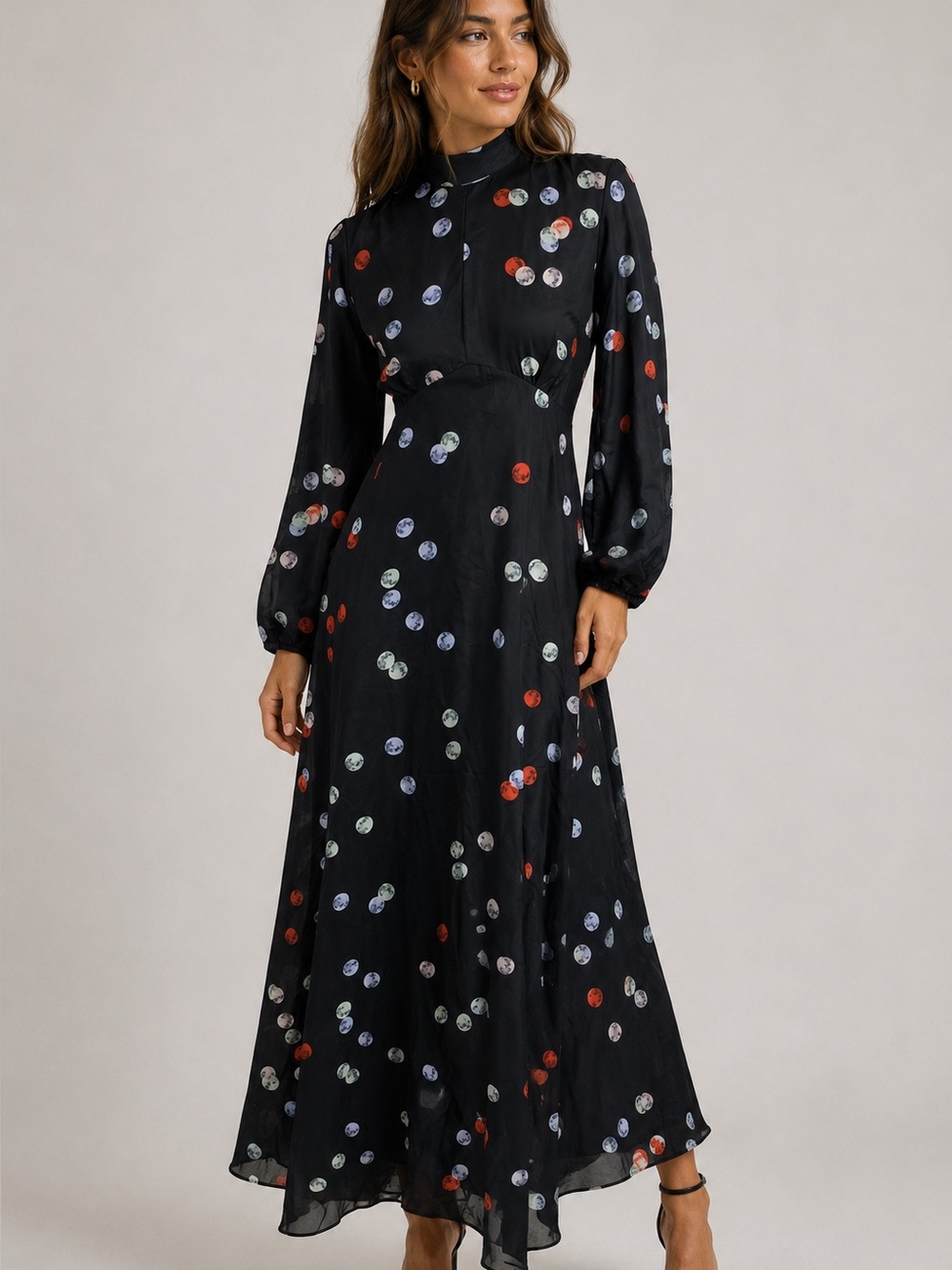 Annah Hariri Black Polka Dot Long Sleeve Maxi Dress US 6 Modest Flowy Boho